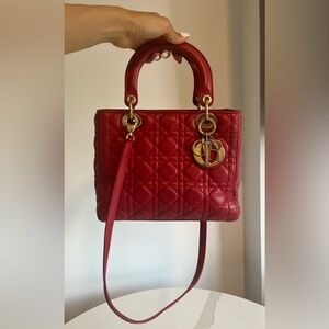 AUTHENTIC Christian Dior Red Cannage Lambskin Gold Hardware Lady Dior Handbag